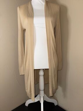 LOFT Long Open-Front Ribbed Cardigan - Tan